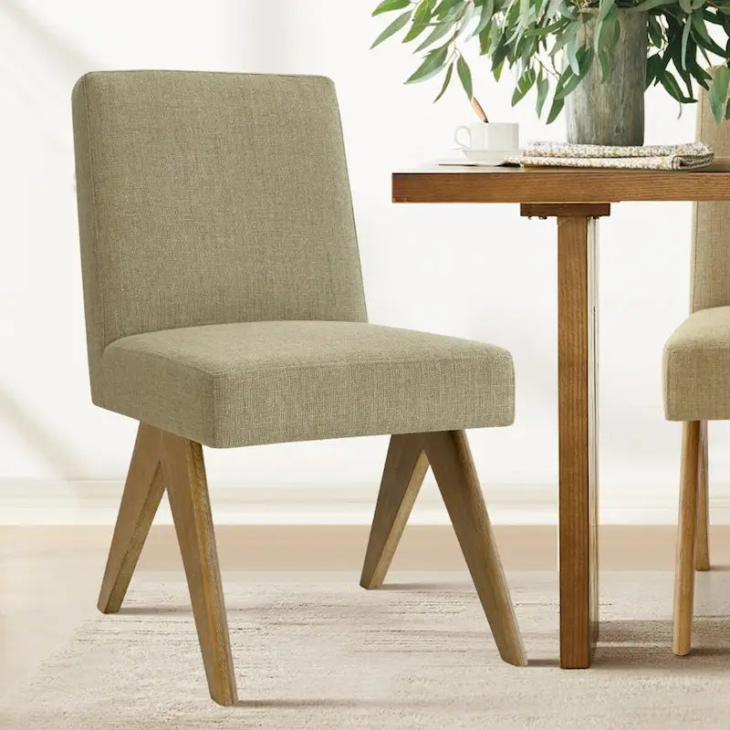 Chaise de salle à manger capitonnée en lin style Mid-Century avec pieds en bois