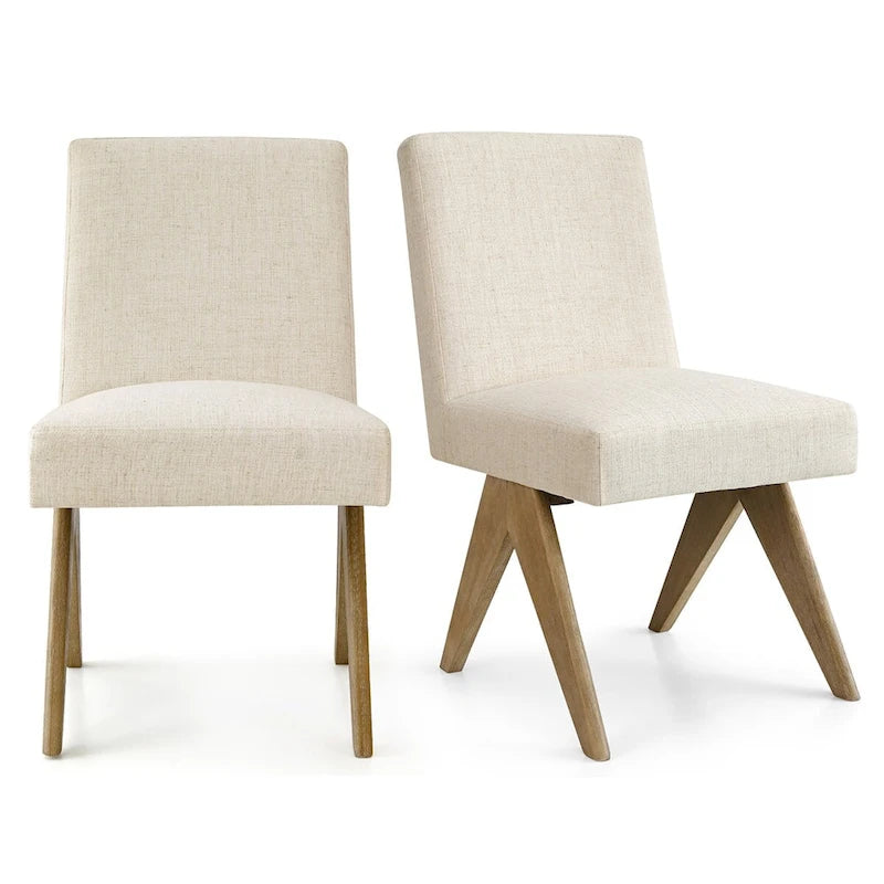 Chaise de salle à manger capitonnée en lin style Mid-Century avec pieds en bois