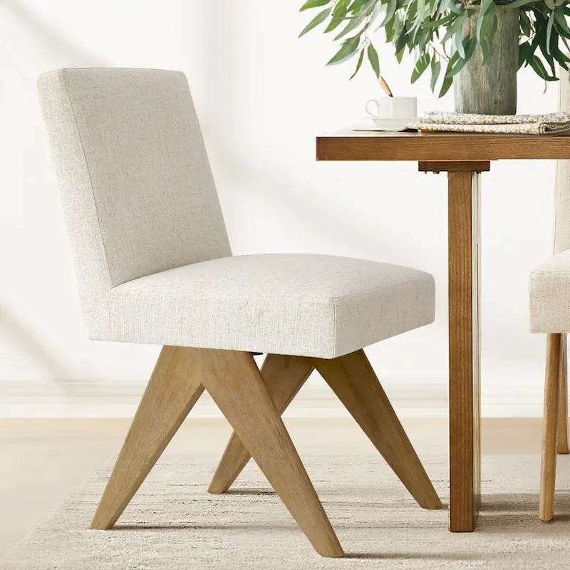 Chaise de salle à manger capitonnée en lin style Mid-Century avec pieds en bois
