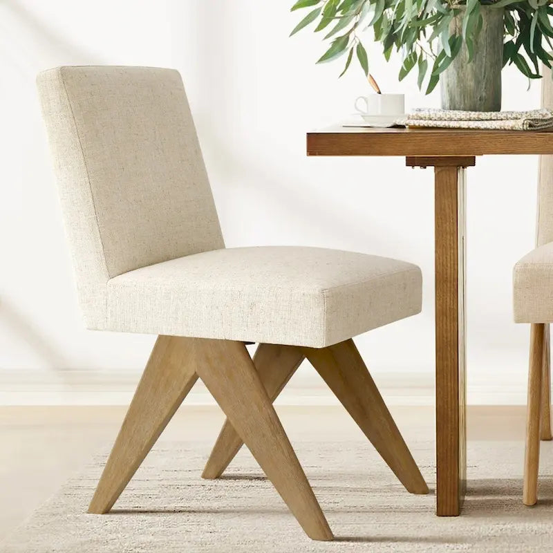 Chaise de salle à manger capitonnée en lin style Mid-Century avec pieds en bois