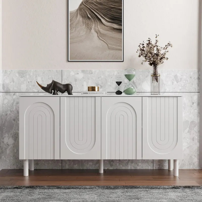 Buffet minimaliste blanc de 63 po avec portes relevables, tiroir et pieds en pin