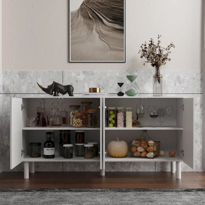 Buffet minimaliste blanc de 63 po avec portes relevables, tiroir et pieds en pin