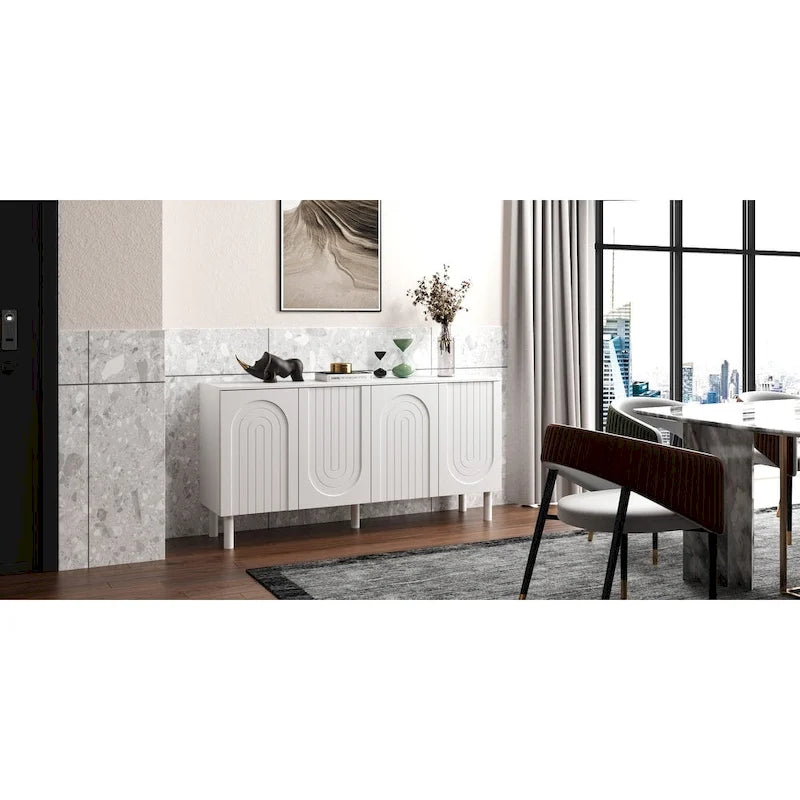 Buffet minimaliste blanc de 63 po avec portes relevables, tiroir et pieds en pin