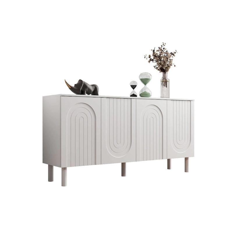 Buffet minimaliste blanc de 63 po avec portes relevables, tiroir et pieds en pin