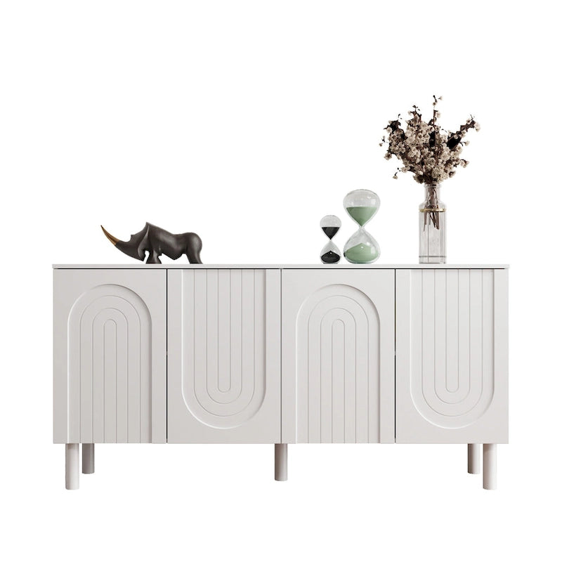 Buffet minimaliste blanc de 63 po avec portes relevables, tiroir et pieds en pin