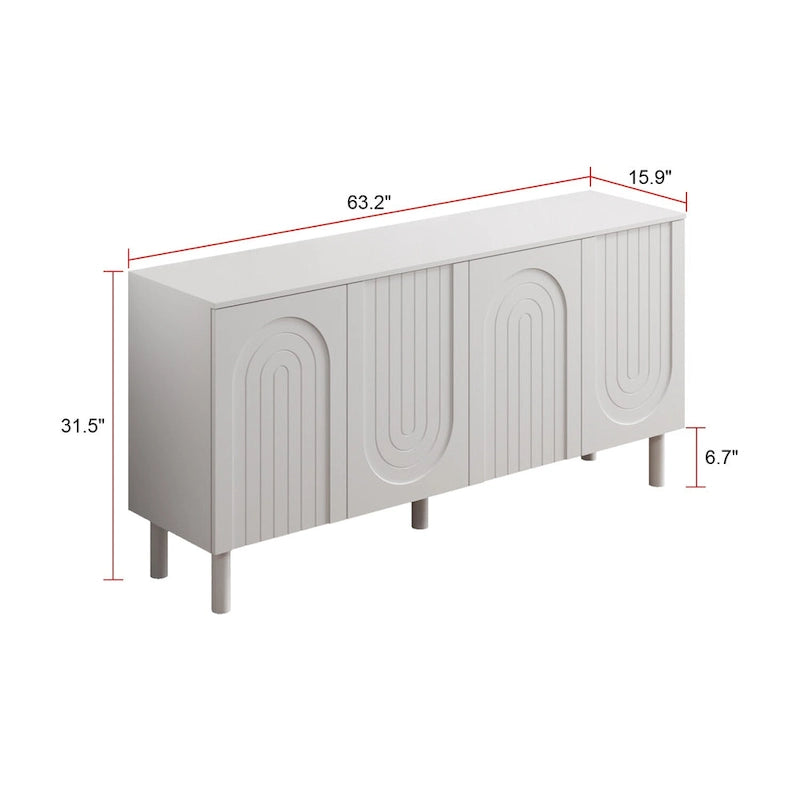 Buffet minimaliste blanc de 63 po avec portes relevables, tiroir et pieds en pin