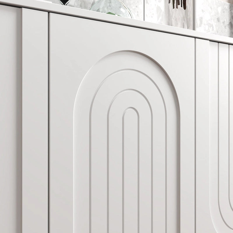 Buffet minimaliste blanc de 63 po avec portes relevables, tiroir et pieds en pin