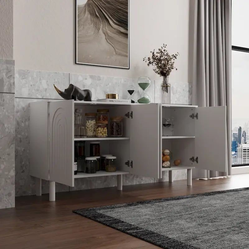 Buffet minimaliste blanc de 63 po avec portes relevables, tiroir et pieds en pin