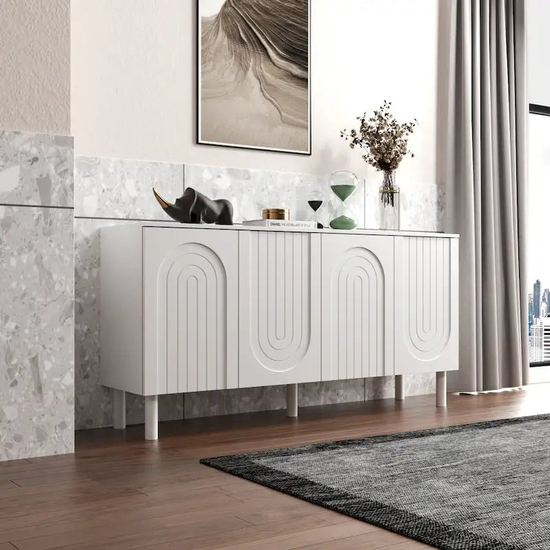 Buffet minimaliste blanc de 63 po avec portes relevables, tiroir et pieds en pin