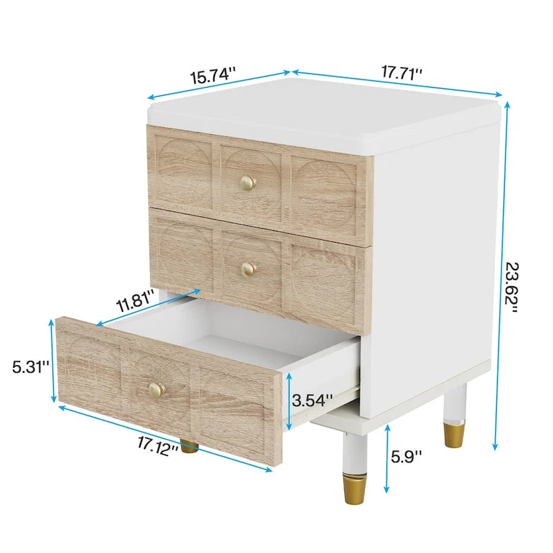 Table de chevet haute à 3 tiroirs | Table de nuit blanche et dorée