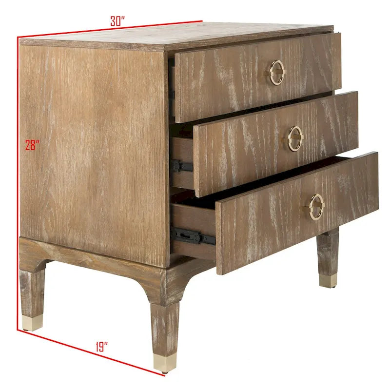 Table de chevet contemporaine à 3 tiroirs avec poignées chics | Placage de chêne et noir