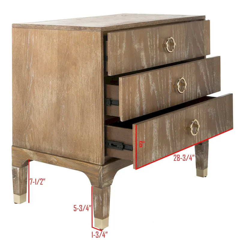 Table de chevet contemporaine à 3 tiroirs avec poignées chics | Placage de chêne et noir