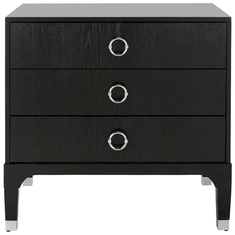 Table de chevet contemporaine à 3 tiroirs avec poignées chics | Placage de chêne et noir