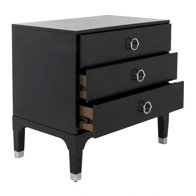 Table de chevet contemporaine à 3 tiroirs avec poignées chics | Placage de chêne et noir