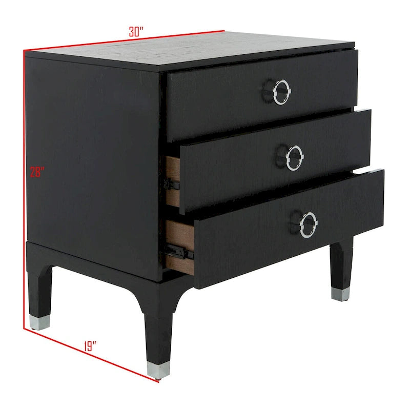Table de chevet contemporaine à 3 tiroirs avec poignées chics | Placage de chêne et noir