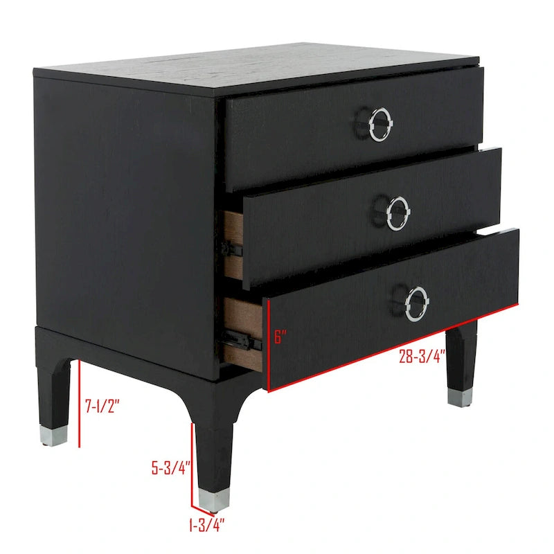 Table de chevet contemporaine à 3 tiroirs avec poignées chics | Placage de chêne et noir