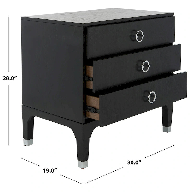 Table de chevet contemporaine à 3 tiroirs avec poignées chics | Placage de chêne et noir
