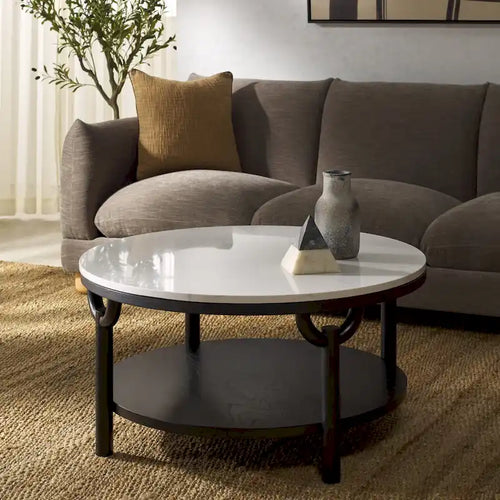 Table basse ronde à 2 niveaux avec plateau en marbre et base en bois d'orme