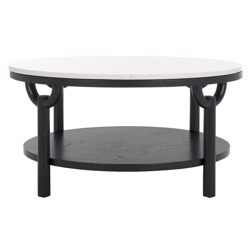 Table basse ronde à 2 niveaux avec plateau en marbre et base en bois d'orme