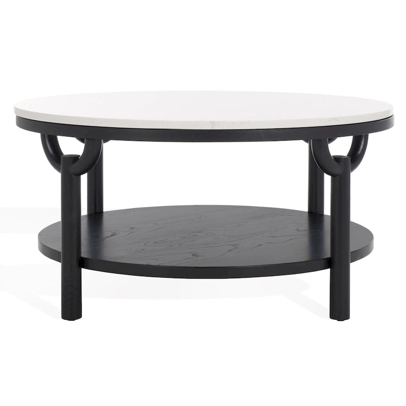 Table basse ronde à 2 niveaux avec plateau en marbre et base en bois d'orme