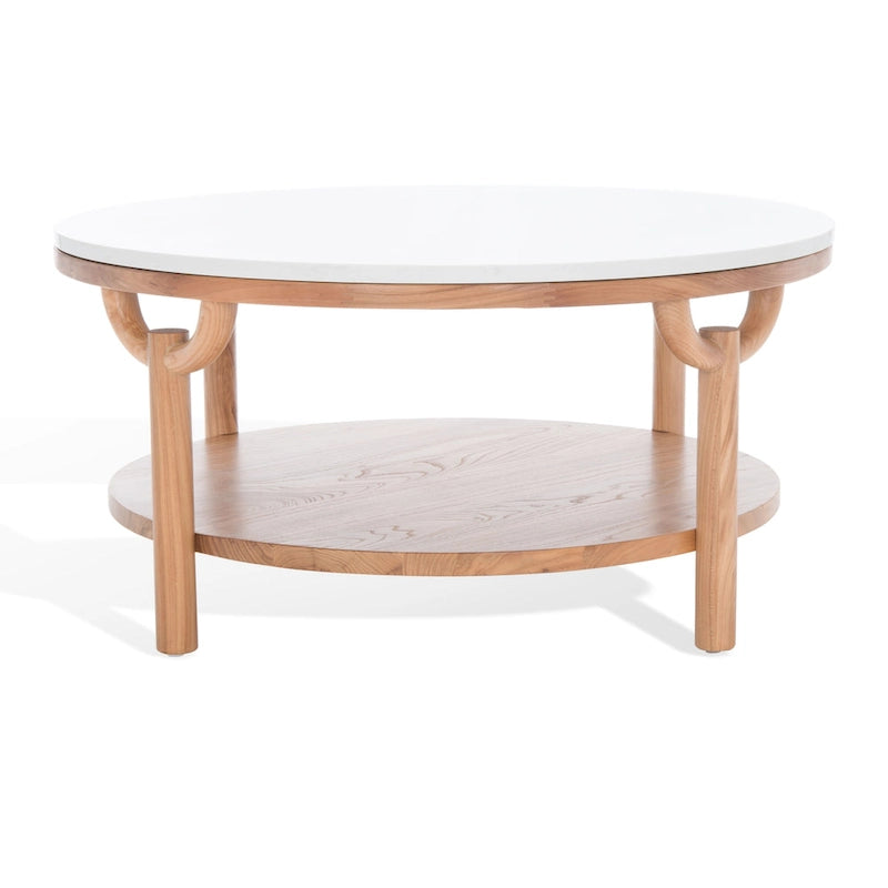 Table basse ronde à 2 niveaux avec plateau en marbre et base en bois d'orme