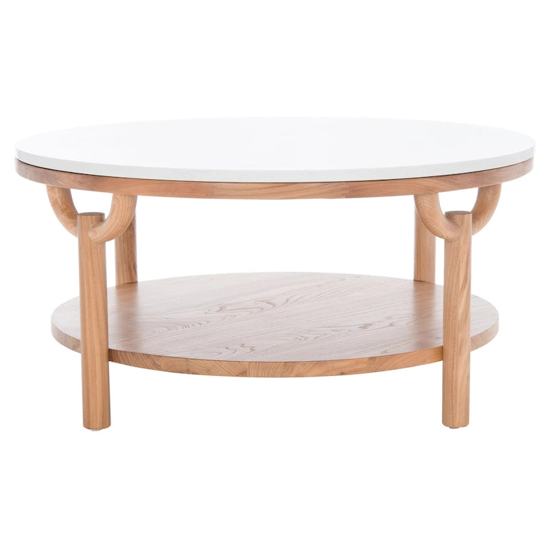 Table basse ronde à 2 niveaux avec plateau en marbre et base en bois d'orme
