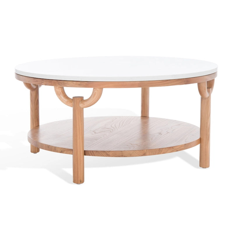 Table basse ronde à 2 niveaux avec plateau en marbre et base en bois d'orme