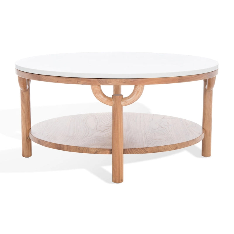 Table basse ronde à 2 niveaux avec plateau en marbre et base en bois d'orme