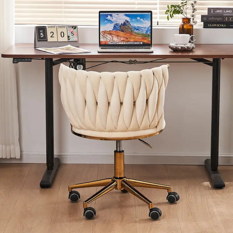 Chaise de coiffeuse pivotante en velours avec dossier tissé et hauteur réglable | 5 coloris