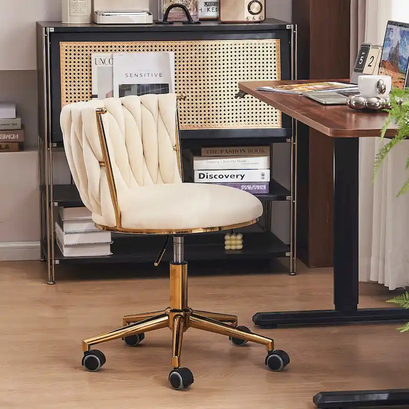 Chaise de coiffeuse pivotante en velours avec dossier tissé et hauteur réglable | 5 coloris