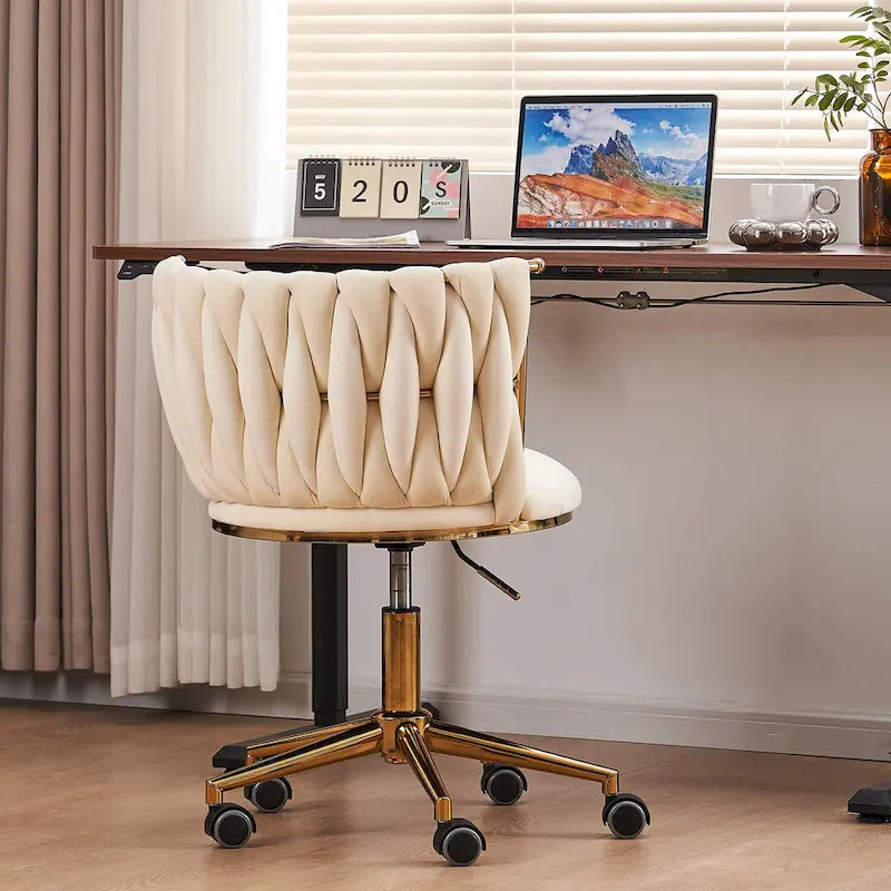 Chaise de coiffeuse pivotante en velours avec dossier tissé et hauteur réglable | 5 coloris