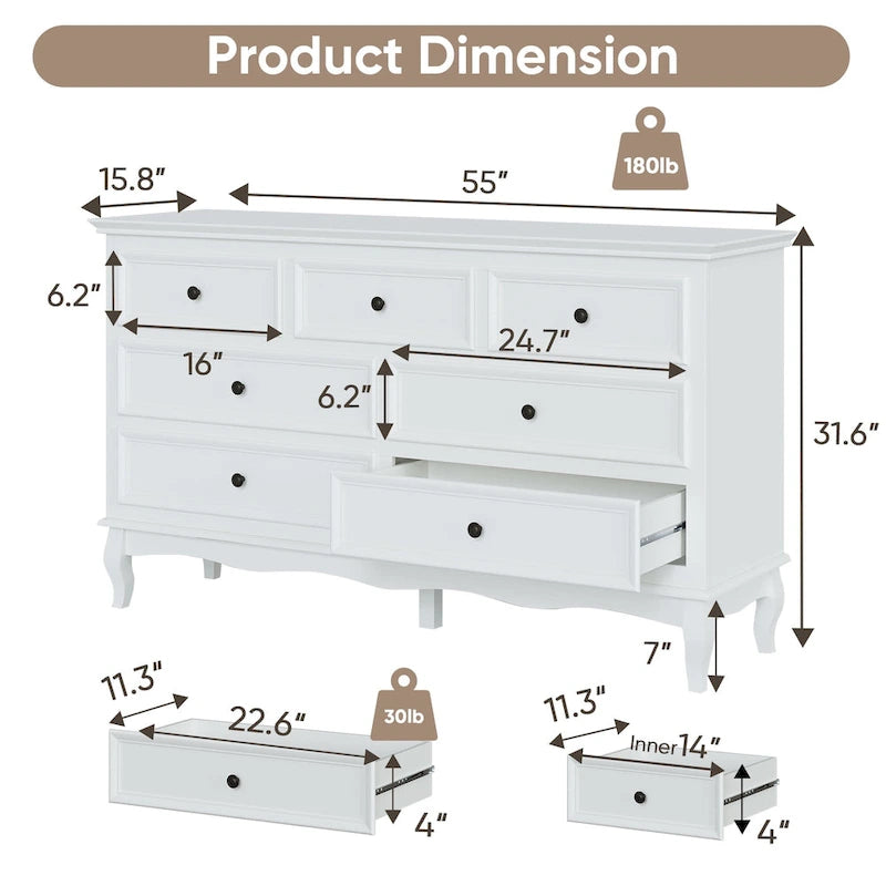 Commode à 7 tiroirs avec pieds en bois massif | Shabby Chic moderne