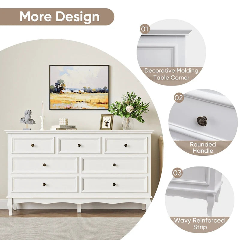 Commode à 7 tiroirs avec pieds en bois massif | Shabby Chic moderne
