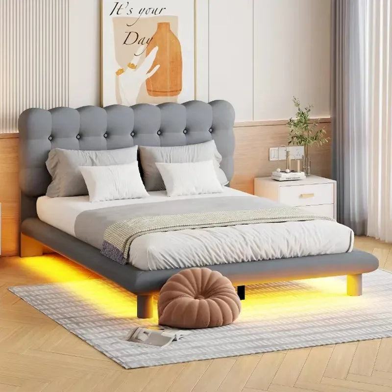 Lit plateforme Queen Velvet avec cadre LED RVB et tête de lit capitonnée