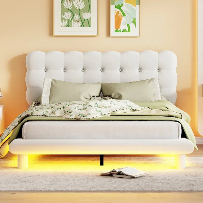Lit plateforme Queen Velvet avec cadre LED RVB et tête de lit capitonnée