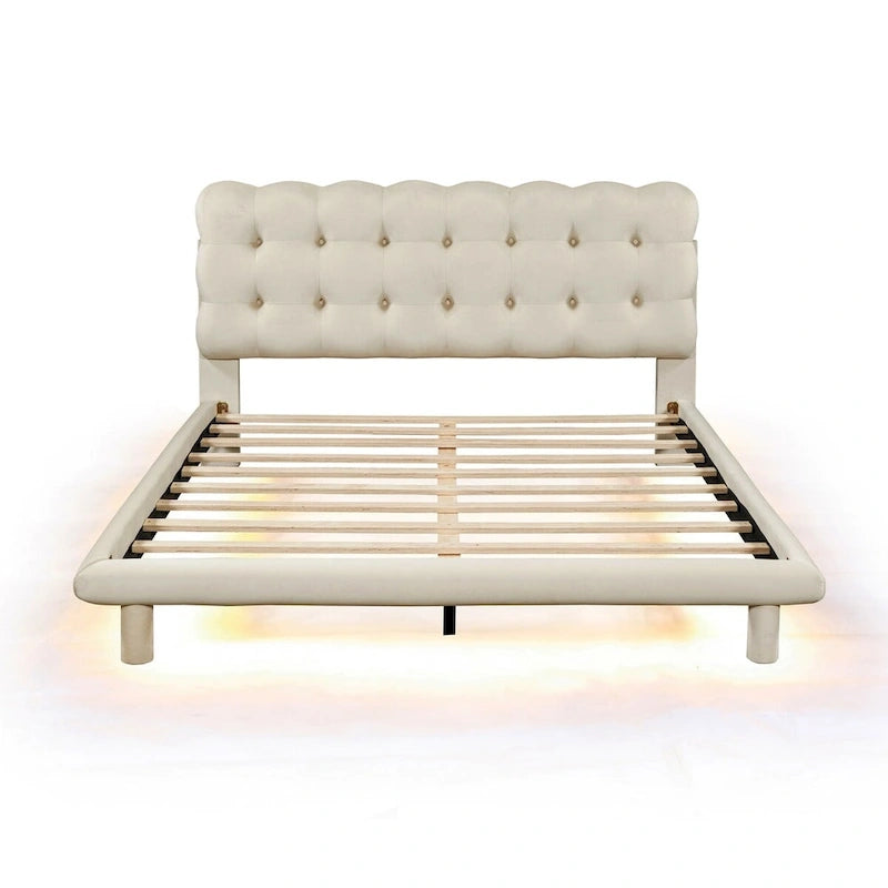 Lit plateforme Queen Velvet avec cadre LED RVB et tête de lit capitonnée