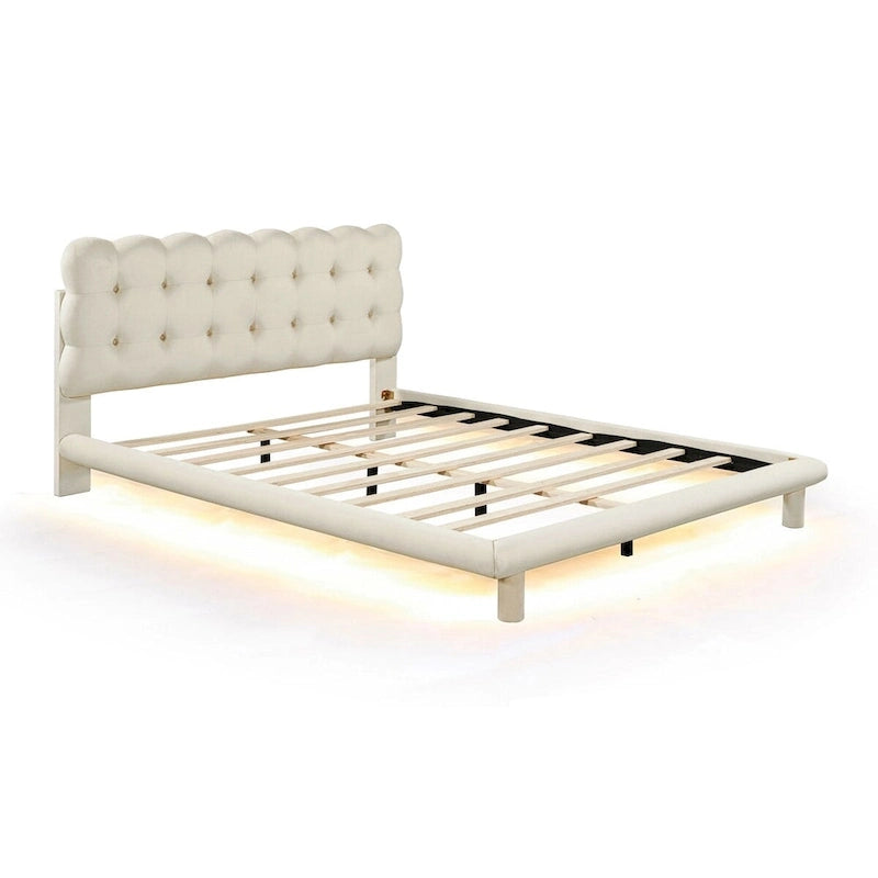 Lit plateforme Queen Velvet avec cadre LED RVB et tête de lit capitonnée