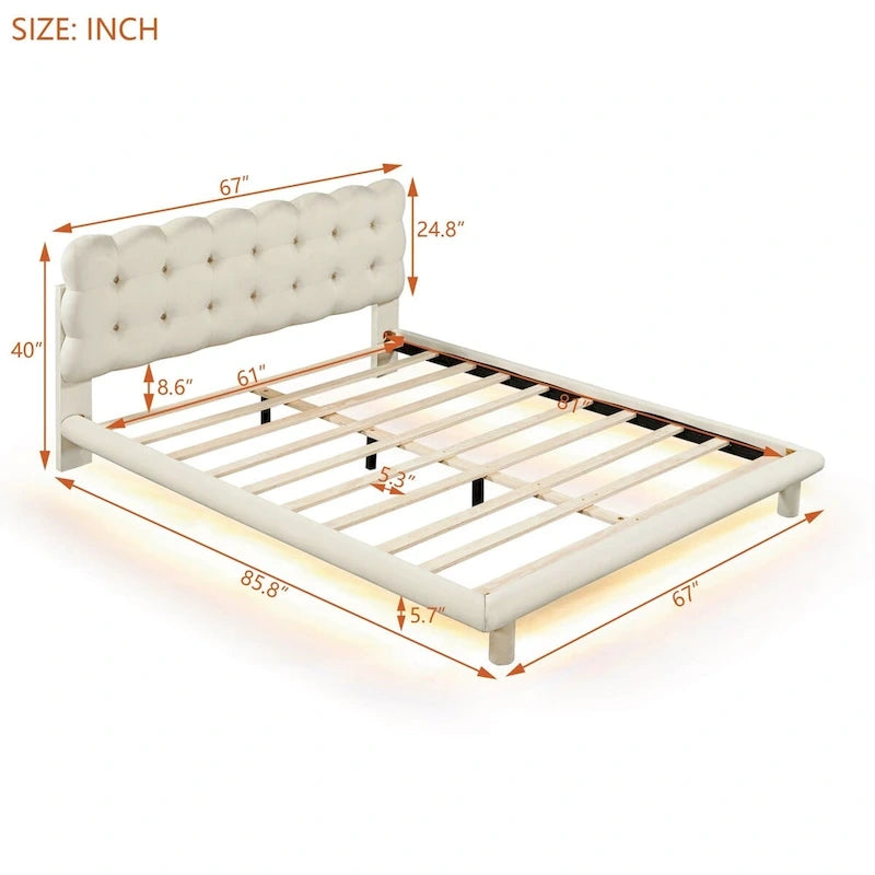 Lit plateforme Queen Velvet avec cadre LED RVB et tête de lit capitonnée