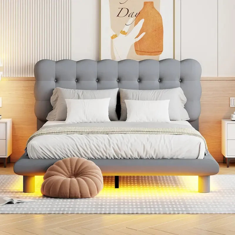 Lit plateforme Queen Velvet avec cadre LED RVB et tête de lit capitonnée