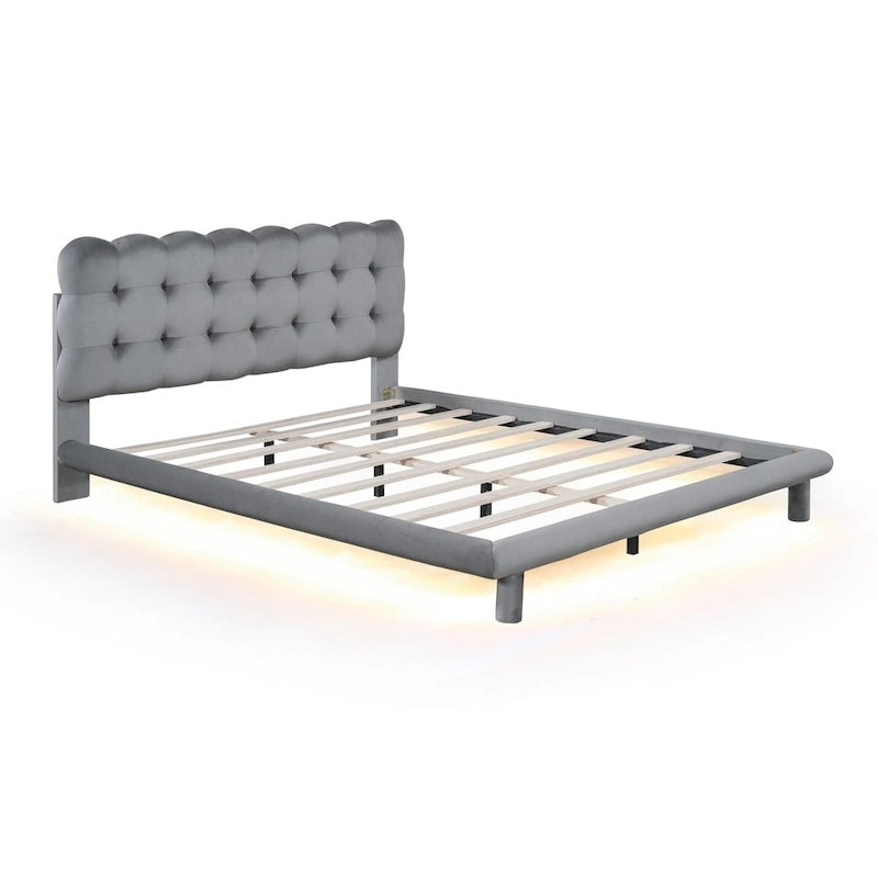 Lit plateforme Queen Velvet avec cadre LED RVB et tête de lit capitonnée