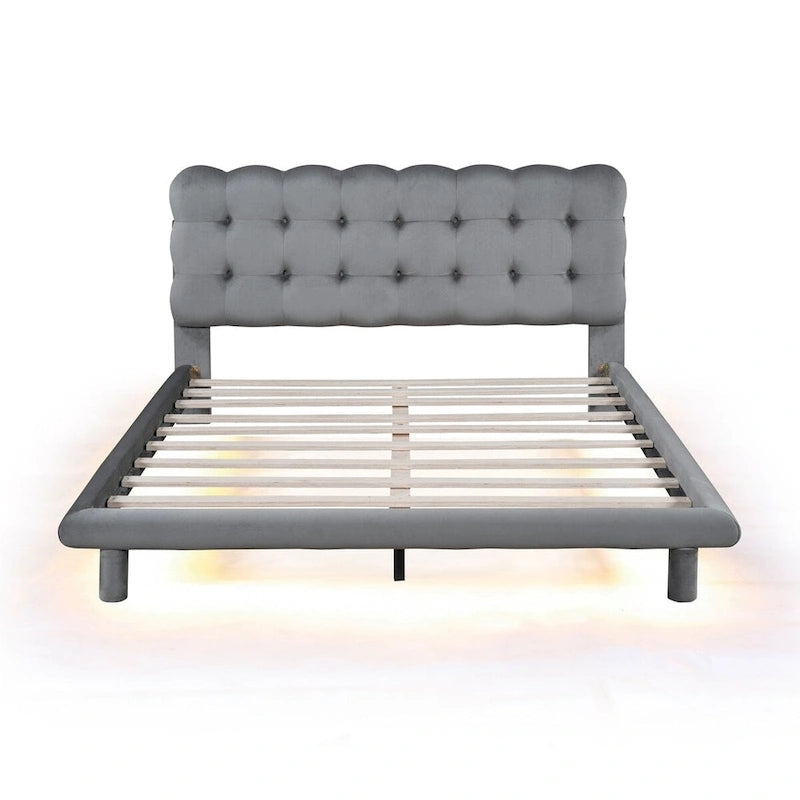 Lit plateforme Queen Velvet avec cadre LED RVB et tête de lit capitonnée