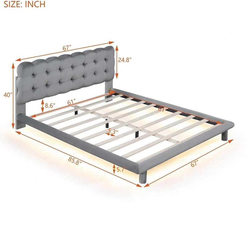 Lit plateforme Queen Velvet avec cadre LED RVB et tête de lit capitonnée