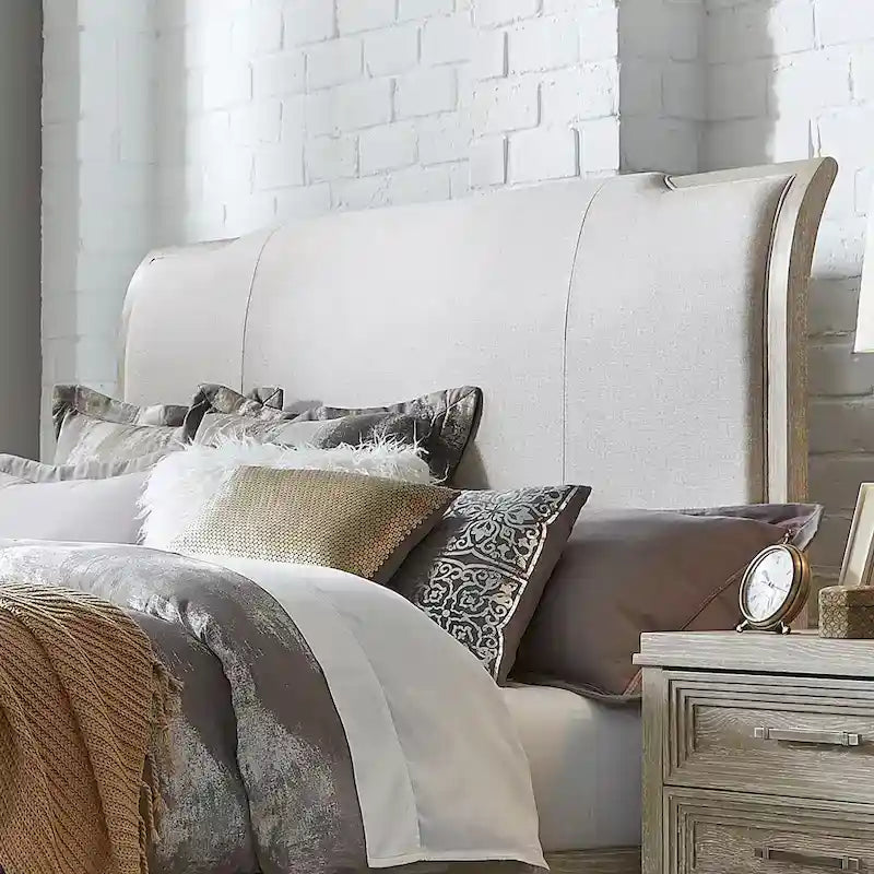 Lit traîneau capitonné California King | Taupe délavé et Champagne argenté