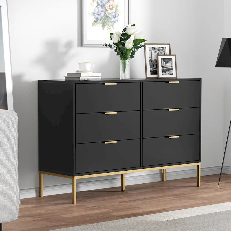 Commode moderne à 6 tiroirs | Noir et or