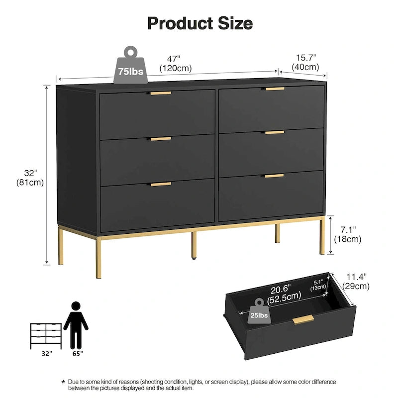 Commode moderne à 6 tiroirs | Noir et or