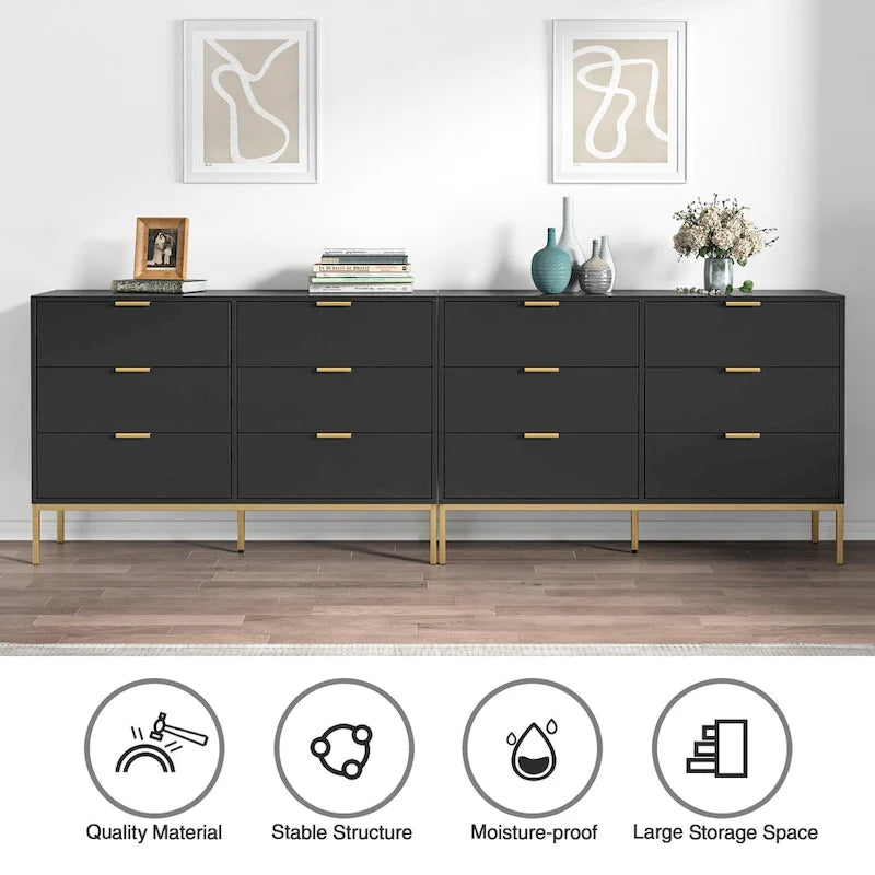 Commode moderne à 6 tiroirs | Noir et or
