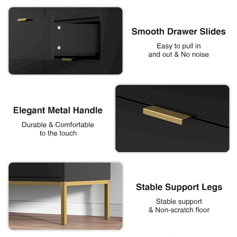 Commode moderne à 6 tiroirs | Noir et or