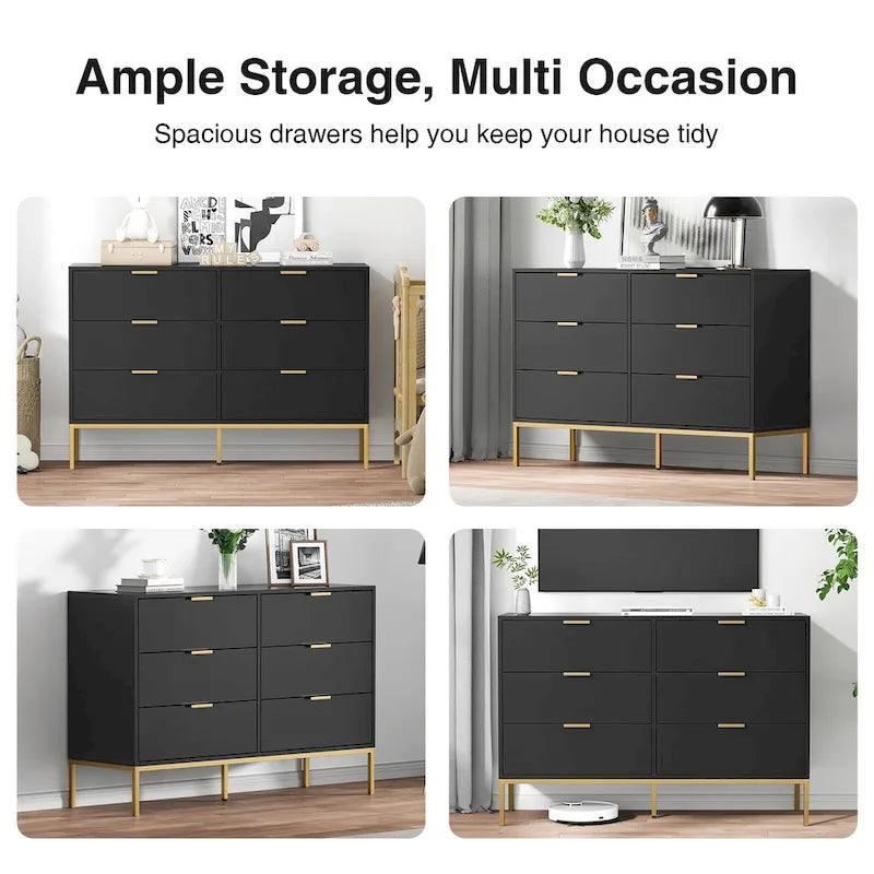 Commode moderne à 6 tiroirs | Noir et or
