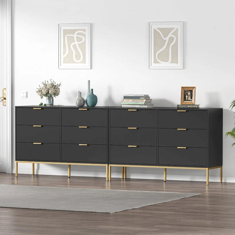 Commode moderne à 6 tiroirs | Noir et or