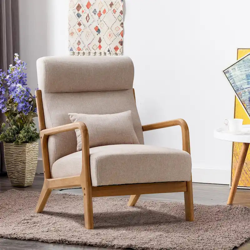 Fauteuil d'appoint 26" en mélange de lin avec pieds en bois et coussin lombaire | 3 couleurs